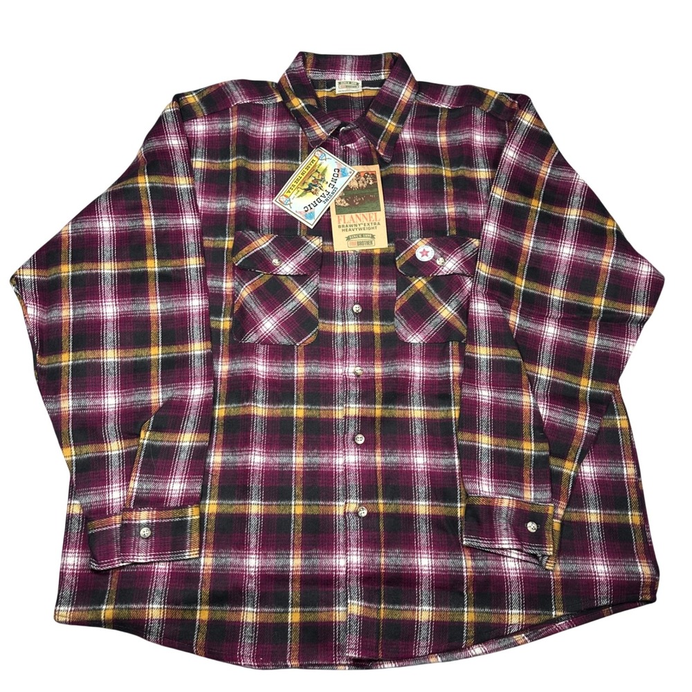 VTG 90s NWT FiveBrother Heavyweight Flannel Shirt Burgundy Plaid 2XL Cone Fabric